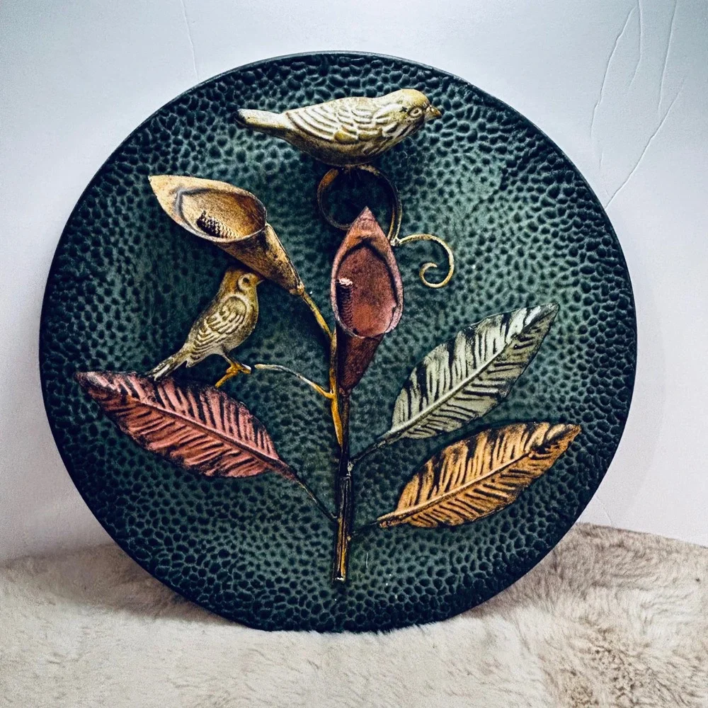 Round Metal Wall Art Plate Birds Calla‎ Lily Leaves Textured Green Gold Rustic